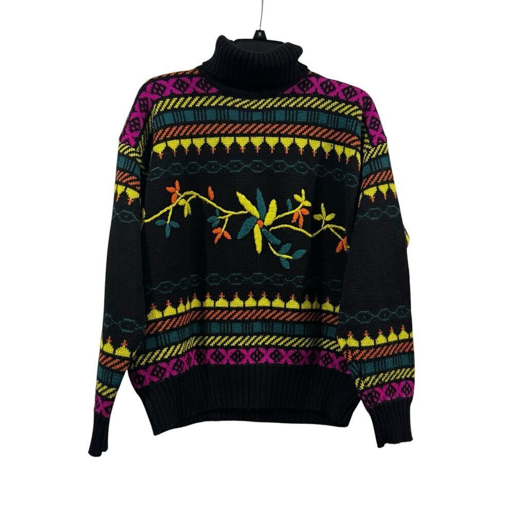 Vintage Obermeyer Wool Blend Embroidered Floral Winter Turtleneck Ski Sweater L